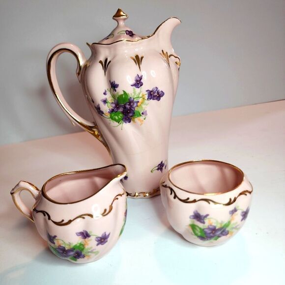 Leneige Vintage Pink and Gold Porcelean Tea Set With Purple Violets - Picture 1 of 16
